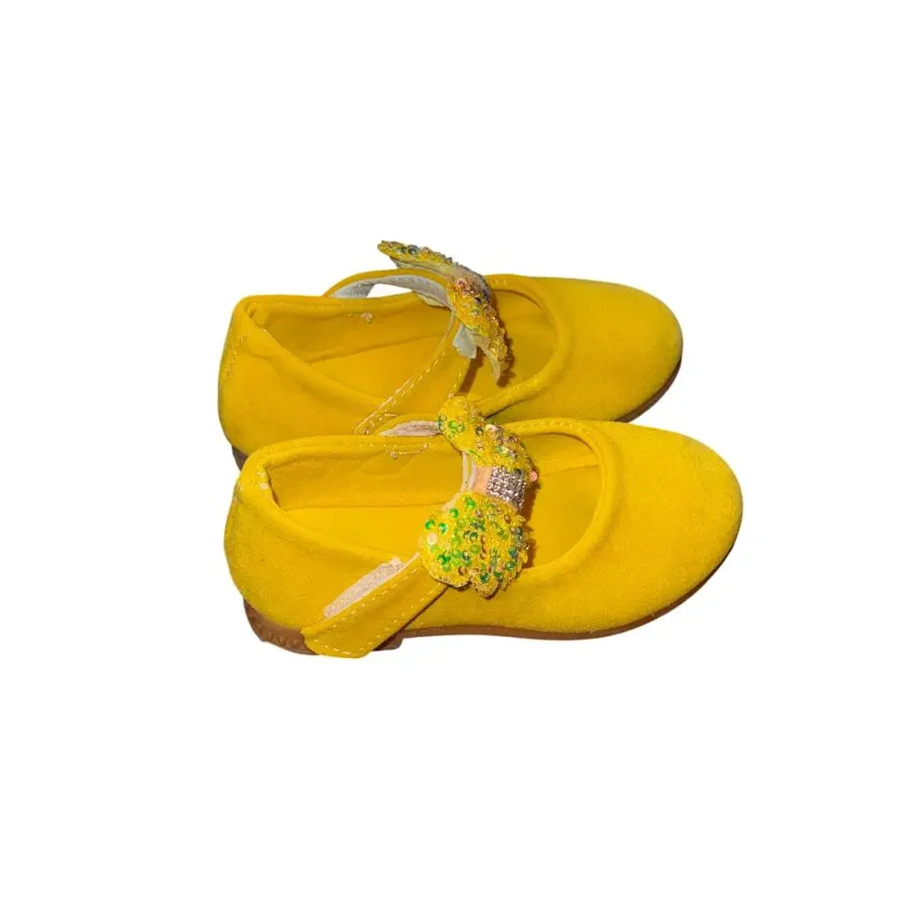 Neon Yellow Toddler Mary Jane Shoes Sequin Bow Girls Size 9C EU 26 Flats